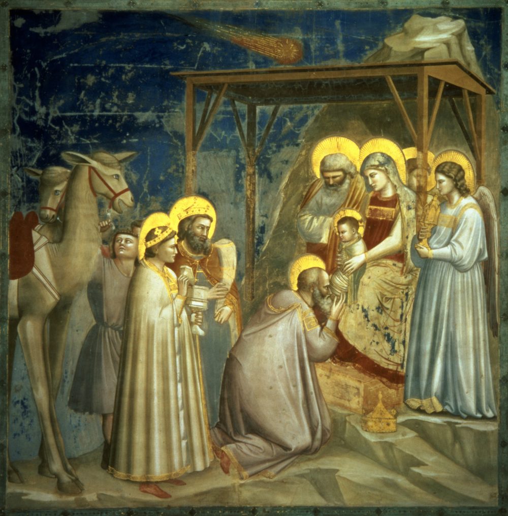 The adoration of the Magi is depicted in a 14th-century painting by ...