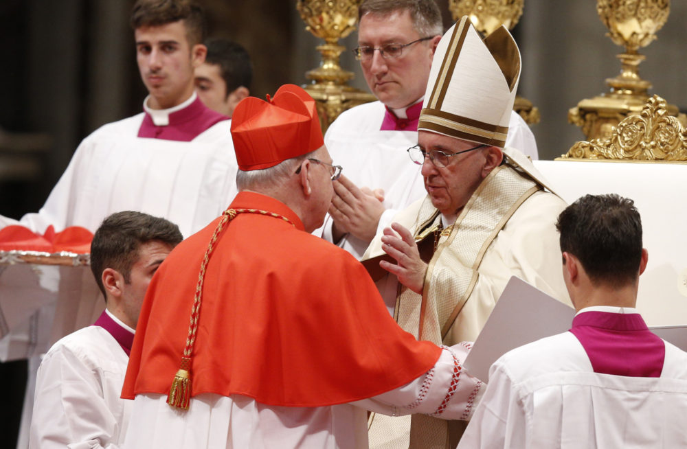 Pope Francis greets new Cardinal Kevin J. Farrell, prefect of the new ...