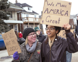 People in Hamtramck, Mich., participate in a Jan. 29 protest against President Donald Trump's travel ban. (CNS photo/Jim West) See TRUMP-REFUGEES-REACTION Jan. 30, 2017.