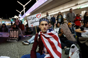 Demonstrators at LAX International Airport  in Los Angeles protest the travel ban imposed by President Donald Trump Jan. 29. (CNS photo/Ted Soqui, Reuters) See TRUMP-BAN-US-REACTION Jan. 30, 2017.