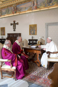 Pope Francis talks with Msgr. Pio Vito Pinto, dean of the Roman Rota, and Father Maurice Monier, pro-dean, left, during a meeting inaugurating the judicial year of the Roman Rota at the Vatican Jan. 21. The Roman Rota is the highest appellate court in the Catholic Church; it mainly handles marriage cases. (CNS photo L'Osservatore Romano, handout) See POPE-ROMAN-ROTA Jan. 23, 2017.