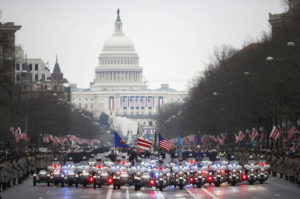 Motorcycle police lead the inaugural parade for U.S. President Donald Trump Jan. 20 after his swearing-in as the country's 45th president at the U.S. Capitol in Washington. (CNS photo/Joshua Roberts , Reuters) See INAUGURATION- Jan. 20, 2017.