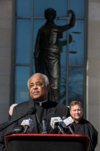 Atlanta Archbishop Wilton D. Gregory speaks Jan. 31 at a joint news conference in Augusta, Ga., where the bishops of three dioceses called on Georgia prosecutors to remove the death penalty from the case of Steven Murray, accused of murdering Father Rene Robert of the Diocese of St. Augustine last April. (CNS photo/Woody Huband, St. Augustine Catholic) See BISHOPS-MERCY-MURRAY Feb. 1, 2017.