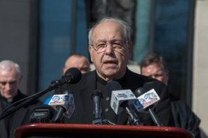Bishop Felipe J. Estevez of St. Augustine, Fla., speaks Jan. 31 at a joint news conference in Augusta, Ga., where the bishops of three dioceses called on Georgia prosecutors to remove the death penalty from the case of Steven Murray, accused of murdering Father Rene Robert of the Diocese of St. Augustine last April. (CNS photo/Woody Huband, St. Augustine Catholic) See BISHOPS-MERCY-MURRAY Feb. 1, 2017.