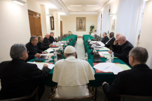 Pope Francis leads the 18th meeting of his Council of Cardinals at the Vatican Feb. 13. Seated to the left of the pope are: Bishop Marcello Semeraro of Albano, Italy, secretary of the council; Cardinal Oscar Rodriguez Maradiaga, coordinator of the council; Cardinal Oswald Gracias of Mumbai, India; Cardinal Francisco Javier Errazuriz Ossa, retired archbishop of Santiago, Chile; Cardinal George Pell, head of the Secretariat for the Economy. Seated at right are: Cardinal Pietro Parolin, Vatican secretary of state; Cardinal Reinhard Marx of Munich and Freising, Germany; Cardinal Sean P. O'Malley of Boston; Cardinal Laurent Monsengwo Pasinya of Kinshasa, Congo; Cardinal Giuseppe Bertello, president of the commission governing Vatican City State. (CNS photo/L'Osservatore Romano, handout) See CARDINALS-POPE-SUPPORT Feb. 13, 2017.