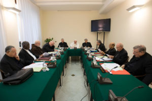 Pope Francis leads the 18th meeting of his international Council of Cardinals at the Vatican Feb. 13. Pictured from left are: Cardinal Giuseppe Bertello, president of the commission governing Vatican City State; Cardinal Laurent Monsengwo Pasinya of Kinshasa, Congo; Cardinal Sean P. O'Malley of Boston; Cardinal Reinhard Marx of Munich and Freising, Germany; Cardinal Pietro Parolin, Vatican secretary of state; Pope Francis; Bishop Marcello Semeraro of Albano, Italy, secretary of the council; Cardinal Oscar Rodriguez Maradiaga, coordinator of the council; Cardinal Oswald Gracias of Mumbai, India; Cardinal Francisco Javier Errazuriz Ossa, retired archbishop of Santiago, Chile; Cardinal George Pell, head of the Secretariat for the Economy. (CNS photo/L'Osservatore Romano, handout) See CARDINALS-POPE-SUPPORT Feb. 13, 2017.