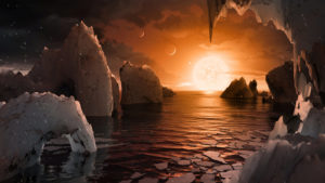 An artist's depiction shows the possible surface of TRAPPIST-1f, on one of seven newly discovered planets in the TRAPPIST-1 system. (CNS photo/NASA handout via Reuters) See VATICAN-TRAPPIST-PLANETS Feb. 24, 2017.