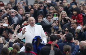 Pope Francis gestures as he greets the crowd during his general audience in St. Peter's Square at the Vatican Feb. 22. (CNS photo/Paul Haring) See POPE-AUDIENCE-CREATION Feb. 22, 2017.