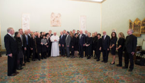 Pope Francis stands next to Jonathan Greenblatt, CEO and national director of the Anti-Defamation League, as he poses for a photo during a meeting with a delegation from the organization at the Vatican Feb. 9. The pope denounced anti-Semitism and reaffirmed that the Catholic Church has a duty to repel such hatred. (CNS photo/L'Osservatore Romano, handout) See POPE-JEWISH-ADL Feb. 9, 2017.
