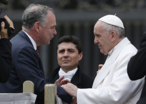 Pope Francis greets U.S. Sen. Tim Kaine of Virginia, the Democratic nominee for U.S. vice president in the 2016 election, during his general audience in St. Peter's Square at the Vatican Feb. 22. (CNS photo/Paul Haring) See POPE-AUDIENCE-CREATION Feb. 22, 2017.