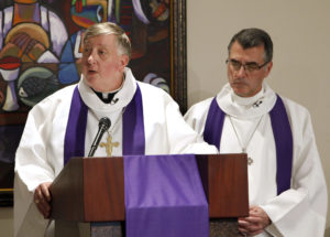 Bishop Mitchell T. Rozanski of Springfield, Mass., addresses the congregation alongside Lutheran Bishop Donald Kreiss, chair of the Evangelical Lutheran Church in America's ecumenical and interreligious relations committee, during a March 2 prayer service in Chicago. Catholic and Lutheran bishops gathered to commemorate the 500th anniversary of the Reformation and to release a joint statement on the two churches' ongoing relationship. (CNS photo/Karen Callaway, Chicago Catholic) See CATHOLICS-LUTHERANS-REFORMATION March 7, 2017.