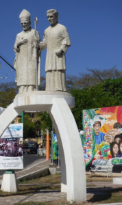 The plaza in El Paisnal, El Salvador, seen in this Jan. 29 photo, features a statue of Blessed Oscar Romero and his Jesuit friend Father Rutilio Grande, a native of the town. Father Grande's March 12, 1977, assassination is said to have deeply affected Archbishop Romero, then head of the Archdiocese of San Salvador, El Salvador, and made him into a fierce advocate of the poor. (CNS photo/Rhina Guidos) See GRANDE-SAINT-JESUIT March 8, 2017.