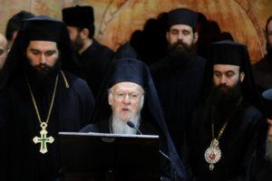 Ecumenical Patriarch Bartholomew of Constantinople talks during a ceremony marking the end of restoration work on the site of Jesus' tomb at the Church of the Holy Sepulcher March 22. (CNS photo/Menahem Kahana, Reuters) See JERUSALEM-EDICULE-REOPEN March 22, 2017.