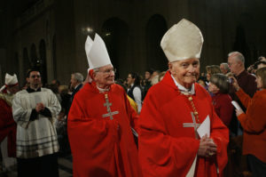 Cardinal Theodore E. McCarrick, retired archbishop of Washington, right, and Cardinal William H. Keeler, retired archbishop of Baltimore, arrive for the opening Mass of the National Prayer Vigil for Life at the Basilica of the National Shrine of the Immaculate Conception in Washington Jan. 21, 2010. Cardinal Keeler died March 23. He was 86. (CNS photo/Nancy Wiechec) See OBIT-KEELER March 23, 2017.