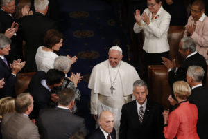Pope Francis enters the House of Representatives Chamber to address a joint meeting of Congress at the U.S. Capitol in Washington Sept. 24. (CNS photo/Paul Haring) See POPE-CONGRESS Sept. 24, 2015.