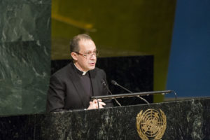 Msgr. Antoine Camilleri, Vatican undersecretary for relations with states, delivers a message from Pope Francis to a U.N. conference on nuclear weapons March 27 in New York City. (CNS photo/Rick Bajornas, UN) See POPE-UN-NUCLEAR March 28, 2017.