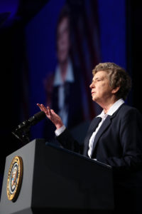 Sister Carol Keehan, a Daughter of Charity who is president and CEO of the Catholic Health Association, delivers remarks before introducing U.S. President Barack Obama June 9 during the CHA's annual assembly in Washington. (CNS photo/Bob Roller) See CHA-OBAMA June 9, 2015.