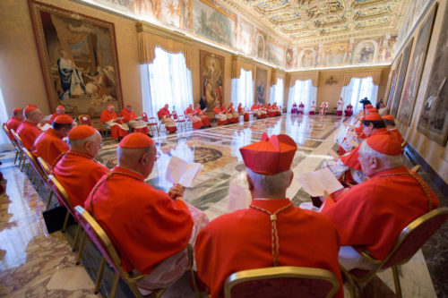 Cardinals are seen during an April 20 "ordinary public consistory" with Pope Francis at the Vatican. Pope Francis will preside over the canonization ceremony of the Fatima visionaries during his visit to Portugal May 12-13. (CNS photo/L'Osservatore Romano) See POPE-FATIMA-CONSISTORY April 20, 2017.