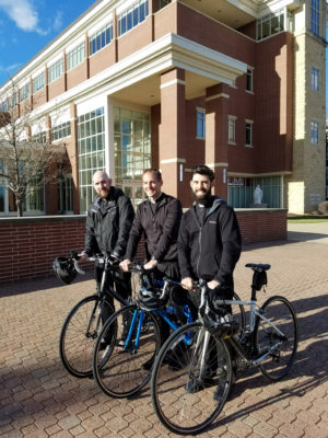 Three priests from the Diocese of Peoria, Ill., plan to ride their bicycles across the diocese, a trek of 350 miles, from April 24-28 to inspire prayers for vocations. The "Priests Pedaling for Prayers" are Fathers Tom Otto, Adam Cesarek, and Michael Pica. (CNS photo/courtesy Diocese of Peoria's Office of Priestly Vocations) See VOCATIONS-PRIESTS-PEDALING April 21, 2017.