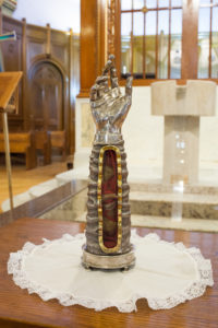This silver reliquary of St. Jude the Apostle is seen in an undated photo at the Dominican Shrine of St. Jude Thaddeus in Chicago. The reliquary contains bones from the forearm of St. Jude. (CNS photo/courtesy Dominican Shrine of St. Jude Thaddeus) See SHRINE-JUDE-RELIC April 4, 2017. Editors: best quality available.
