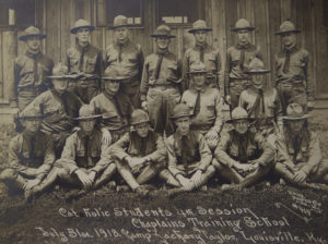 A group of newly minted Catholic chaplains pose for a July 31, 1918, photo at Camp Zachary Taylor in Louisville, Ky. The chaplains helped meet the spiritual needs of U.S. military service members during World War I. April 6 will mark the 100th anniversary of the entrance of the United States into the war. (CNS photo/courtesy American Catholic History Research Center)