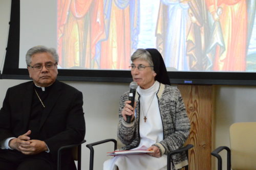 Bishop Randolph R. Calvo of Reno, Nev., and Dominican Sister Gloria Marie Jones, answer questions from the audience during an April 8 dialogue on the prospect of women deacons held in Fremont, Calif. (CNS photo/Michele Jurich, Catholic Voice) See WOMEN-DEACONS April 19, 2017.