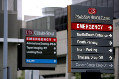 Signs point toward the emergency room at Cedars-Sinai Hospital in Los Angeles Jan. 4, 2008. The American Health Care Act that passed by a four-vote margin May 4 in the House has "major defects," said Bishop Frank J. Dewane of Venice, Florida, chairman of the U.S. bishops' Committee on Domestic Justice and Social Development. (CNS photo/Paul Buck, EPA) See HEALTH-CARE-REACT May 5, 2017.