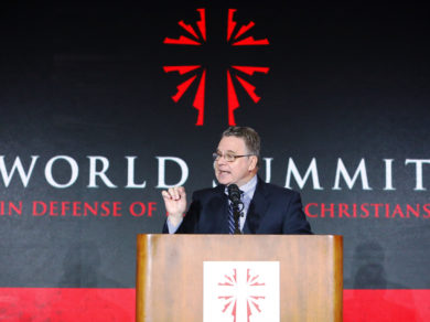 Rep. Chris Smith, R-N.J., speaks during the World Summit in Defense of Persecuted Christians May 12 in Washington. Smith, a Catholic, has long worked on issues of human rights and religious freedom as a member of Congress. (CNS photo/courtesy Congressman Smith's office) See SUMMIT-CHRISTIANS-PERSECUTION May 15, 2017.