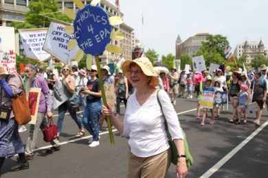 Nancy Lorance, parishioner at St. Francis Xavier Church, New York City is seen during the People's Climate March in Washington April 29. (CNS photo/Dennis Sadowski) See CLIMATE-MARCH-CATHOLICS May 1, 2017.