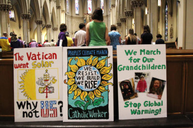 Faithful gather at St. Dominic Church in Washington prior to the start of the People's Climate March April 29. (CNS photo/Dennis Sadowski) See CLIMATE-MARCH-CATHOLICS May 1, 2017.