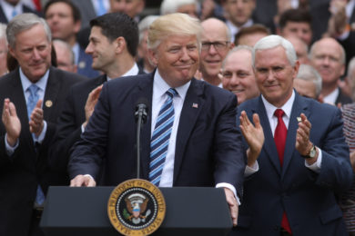 President Donald Trump gathers with Vice President Mike Pence and congressional Republicans at the White House in Washington May 4 after the House of Representatives approved a repeal of major parts of the Affordable Care Act and replace it with a Republican health care bill. (CNS photo/Carlos Barria, Reuters) See HEALTH-CARE-VOTE May 4, 2017.