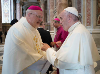 Pope Francis greets Swedish Bishop Anders Arborelius of Stockholm in 2016 at the Vatican. Cardinal-designate Arborelius is one of five new cardinals the pope will create at a June 28 consistory. (CNS photo/L'Osservatore Romano via Reuters) See POPE-CARDINALS-JUNE May 21, 2017.