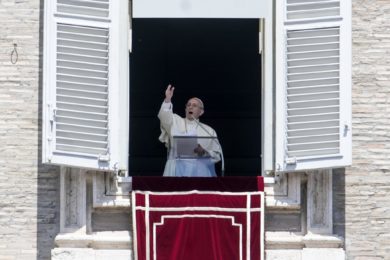 Pope Francis leads the "Regina Coeli" prayer from the window of his studio overlooking St. Peter's Square at the Vatican May 21. The pope concluded the traditional Sunday prayer by announcing that he intends to create five new cardinals at a June 28 consistory. The new cardinals are from Mali, Spain, Sweden, Laos and El Salvador. (CNS photo/Massimo Percossi, EPA) See POPE-CARDINALS-JUNE May 21, 2017.
