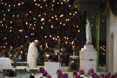 Pope Francis leads a vigil in the Little Chapel of the Apparitions at the Shrine of Our Lady of Fatima in Portugal May 12. The pope was making a two-day visit to Fatima to commemorate the 100th anniversary of the Marian apparitions and to canonize two of the young seers. (CNS photo/Paul Haring) See POPE-FATIMA-VIGIL May 12, 2017.