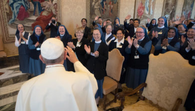 Pope Francis greets participants in the general chapter of the Sister Disciples of the Divine Master during an audience at the Vatican May 22. (CNS photo/L'Osservatore Romano) See POPE-NUNS-JOY May 22, 2017.