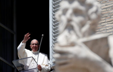 Pope Francis waves as he arrives to lead the Regina Coeli ion St. Peter's Square at the Vatican May 14. (CNS photo/Stefano Rellandini, Reuters) See POPE-REGINA-PRAYER May 15, 2017.