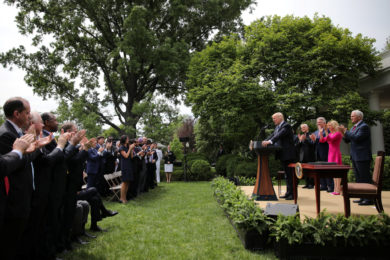 President Donald Trump speaks during a National Day of Prayer event at the White House in Washington May 4 before signing an executive order on religious liberty. (CNS photo/Carlos Barria, Reuters) See RELIGIOUS-FREEDOM-EXECUTIVE-ORDER May 4, 2017.