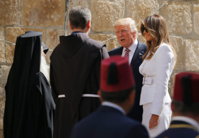 U.S. President Donald Trump and first lady Melania Trump talk to clergymen during their visit to Jerusalem's Church of the Holy Sepulcher May 22. (CNS photo/Jonathan Ernst, Reuters)  See TRUMP-JERUSALEM-HOLY-SEPULCHER May 22, 2017.