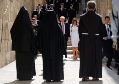 U.S. President Donald Trump and first lady Melania Trump, walk out of Jerusalem's Church of the Holy Sepulcher May 22. (CNS photo/Jonathan Ernst, Reuters) See TRUMP-JERUSALEM-HOLY-SEPULCHER May 22, 2017.