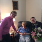 Bernice Rooney (center), a parishioner of Sts. Patrick and Raphael Parish, Williamstown, celebrated her 100th birthday on April 28. She is pictured with Father Michael Lillpopp, pastor, and fellow parishioner Carole Kalisz.